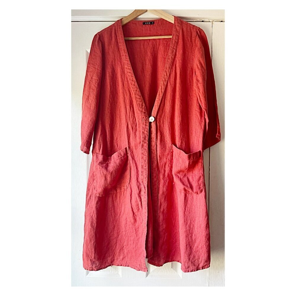 Vivid 100% Linen Long Jacket‎ Burnt Orange Color Size M